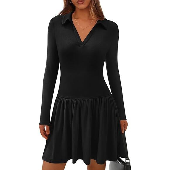 Womens Black Drop Waist V Neck Long Sleeve Collared Casual Minimalist Dress LRG - Picture 1 of 5